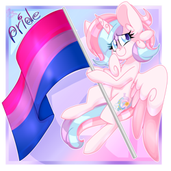 Size: 1280x1280 | Tagged: safe, artist:ladylullabystar, imported from derpibooru, oc, oc only, oc:lullaby star, alicorn, pony, bisexual pride flag, female, flag, holding a flag, mare, pride, pride flag, solo