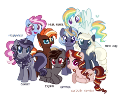 Size: 1029x864 | Tagged: safe, artist:gallantserver, imported from derpibooru, oc, oc only, oc:antitail, oc:camlet, oc:daylight savings, oc:erebus, oc:misty rainbow, oc:pixie core, oc:solar saber, oc:sugarsweet, earth pony, pegasus, pony, unicorn, base used, female, magical gay spawn, magical lesbian spawn, mare, offspring, parent:applejack, parent:flash sentry, parent:fluttershy, parent:inky rose, parent:king sombra, parent:oc:silverlay, parent:pinkie pie, parent:princess cadance, parent:rainbow dash, parent:rarity, parent:starlight glimmer, parent:sunburst, parent:sunset shimmer, parent:trixie, parent:twilight sparkle, parent:vapor trail, parents:canon x oc, parents:flashburst, parents:shimmerglimmer, parents:silverjack, parents:sombrashy, parents:trixiepie, parents:twidance, parents:vapordash, simple background, transparent background