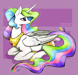 Size: 1280x1229 | Tagged: safe, artist:glassygreatart, imported from derpibooru, princess celestia, alicorn, pony, female, looking back, lying down, mare, prone, solo