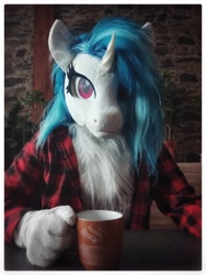 Size: 3072x4096 | Tagged: safe, artist:essorille, artist:taxipone, imported from derpibooru, dj pon-3, vinyl scratch, human, unicorn, clothes, coffee, cosplay, costume, female, fluffy, fursuit, irl, irl human, looking at you, mare, mask, photo, ponysuit, shirt, solo