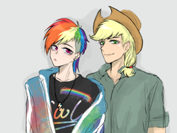 Size: 2666x2000 | Tagged: safe, artist:菜c, imported from derpibooru, applejack, rainbow dash, human, appleblitz (gay), appledash, applejack (male), applejack's hat, clothes, cowboy hat, female, gay, hat, high res, humanized, jacket, jewelry, lesbian, male, necklace, rainbow blitz, rule 63, shipping, translated in the comments