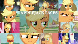 Size: 1280x721 | Tagged: safe, edit, edited screencap, editor:quoterific, imported from derpibooru, screencap, applejack, pinkie pie, earth pony, pony, apple family reunion, applebuck season, dragon dropped, dragonshy, grannies gone wild, leap of faith, look before you sleep, made in manehattan, no second prances, party of one, the last laugh, three's a crowd, trade ya, angry, apple, applejack is best facemaker, applejack is not amused, applejack's hat, cowboy hat, cute, derp, derp face, duo, duo female, eyes closed, faic, female, floppy ears, food, golden oaks library, grin, hat, jackabetes, madorable, open mouth, smiling, solo, solo focus, sweet apple acres, throne, tree, twilight's castle, unamused, wavy mouth