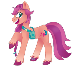 Size: 1082x958 | Tagged: safe, artist:chocolate--cake, imported from derpibooru, sunny starscout, earth pony, pony, badge, bag, braid, coat markings, cute, female, g5, hoof fluff, looking at you, mare, open mouth, raised hoof, simple background, socks (coat markings), solo, sunnybetes, transparent background, unshorn fetlocks