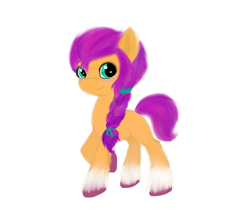 Size: 1044x920 | Tagged: safe, artist:fireworkspop, imported from derpibooru, sunny starscout, earth pony, pony, blushing, braid, coat markings, female, g5, looking at you, raised hoof, simple background, smiling, socks (coat markings), unshorn fetlocks, white background