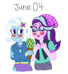 Size: 2000x2176 | Tagged: safe, artist:bigpurplemuppet99, imported from derpibooru, starlight glimmer, trixie, equestria girls, blushing, female, food, high res, ice cream, lesbian, shipping, startrix