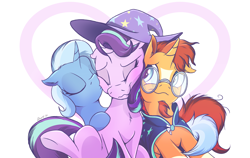 Size: 3415x2160 | Tagged: safe, artist:draft the filmmaker, artist:draftdraws, imported from derpibooru, starlight glimmer, sunburst, trixie, pony, unicorn, accessory swap, bisexual, blaze (coat marking), cheek kiss, chest fluff, cloak, clothes, coat markings, cuddly, eyes closed, facial markings, female, glasses, happy, hat, heart, high res, kissing, lesbian, lesbian in front of boys, male, mare, polyamory, shipping, simple background, smiling, socks (coat markings), stallion, starburst, startrix, startrixburst, straight, sunburst's cloak, sunburst's glasses, trio, trixburst, white background