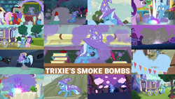 Size: 1280x720 | Tagged: safe, edit, edited screencap, editor:quoterific, imported from derpibooru, screencap, clever musings, cool beans, discord, gallus, log jam, ocellus, peppermint goldylinks, slate sentiments, smolder, starlight glimmer, strawberry scoop, summer meadow, terramar, trixie, violet twirl, bird, changeling, cockatrice, draconequus, pegasus, pony, unicorn, a horse shoe-in, magic duel, road to friendship, to where and back again, angry, apple, bipedal, brooch, cape, clothes, collage, coughing, duo, duo female, eyes closed, female, food, friendship student, hat, jewelry, male, night, open mouth, running, sitting, smoke bomb, solo, sunny song, teeth, trixie's brooch, trixie's cape, trixie's hat