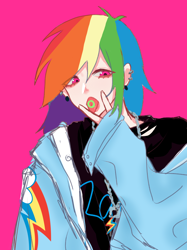 Size: 1042x1390 | Tagged: safe, artist:菜c, imported from derpibooru, rainbow dash, human, clothes, cutie mark, cutie mark on clothes, ear piercing, humanized, jacket, jewelry, necklace, piercing, solo, tongue out, tongue piercing