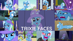 Size: 1280x721 | Tagged: safe, edit, edited screencap, editor:quoterific, imported from derpibooru, screencap, trixie, pony, unicorn, magic duel, no second prances, road to friendship, season 3, season 6, season 8, to where and back again, spoiler:s08, amulet, angry, bag, brooch, cape, clothes, collage, cupcake, cute, diatrixes, evil trixie, female, floppy ears, food, glowing eyes, glowing horn, hat, horn, jewelry, lip bite, magic, magic aura, mouth hold, night, open mouth, saddle bag, sandwich, school of friendship, shocked, solo, teeth, trixie is not amused, trixie's brooch, trixie's cape, trixie's hat, twilight's castle, unamused