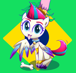 Size: 3120x3000 | Tagged: safe, artist:ce2438, imported from derpibooru, pipp petals, zipp storm, pegasus, pony, abstract background, adorazipp, behaving like a dog, bone, brazil, collar, colored wings, cute, female, flag, g5, high res, jingle bells, looking at you, mare, multicolored wings, rubbing, sitting, solo focus, tail wag, tongue out, unshorn fetlocks, wings, wristband