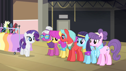 Size: 1280x720 | Tagged: safe, imported from derpibooru, screencap, blue nile, pursey pink, rarity, spaceage sparkle, suri polomare, swanky hank, earth pony, unicorn, rarity takes manehattan, season 4, female, future cyclops pony, male