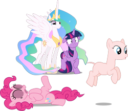 Size: 1510x1308 | Tagged: safe, artist:badumsquish-edits, artist:felix-kot, artist:lman225, artist:slb94, edit, edited edit, editor:slayerbvc, imported from derpibooru, vector edit, pinkie pie, princess celestia, twilight sparkle, alicorn, earth pony, bald, celestia is amused, celestia's crown, female, floppy ears, furless, furless edit, hoof shoes, mare, no shame, nudity, peytral, pinkie pie suit, ponysuit, pronking, shaved tail, shocked, simple background, smiling, streaking, tail between legs, transparent background, twilight sparkle (alicorn), varying degrees of amusement, vector