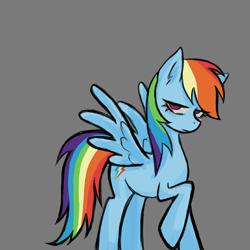 Size: 1080x1080 | Tagged: safe, artist:菜c, imported from derpibooru, rainbow dash, pegasus, pony, fanfic:rainbow factory, fanfic art, gray background, lidded eyes, raised hoof, simple background, spread wings, wings