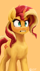 Size: 1080x1920 | Tagged: safe, artist:raphaeldavid, imported from derpibooru, sunset shimmer, pony, unicorn, equestria girls, angry, atg 2021, female, glowing horn, horn, lip bite, magic, mare, newbie artist training grounds, orange background, simple background, solo