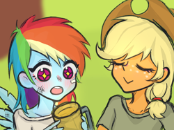 Size: 1080x810 | Tagged: safe, artist:菜c, imported from derpibooru, applejack, rainbow dash, human, equestria girls, (uvu), appledash, applejack's hat, blushing, cider, cider mug, cowboy hat, dirty, eyes closed, female, freckles, hat, humanized, lesbian, mug, shipping, starry eyes, wingding eyes, winged humanization, wings