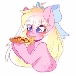 Size: 3229x3229 | Tagged: safe, artist:timkaa, artist:timkaspie, artist:yuozka, imported from derpibooru, oc, oc only, oc:bay breeze, pegasus, pony, alternate hairstyle, blushing, bow, commission, cute, eating, female, food, hair bow, high res, long mane, mare, ocbetes, pegasus oc, pizza, simple background, solo, white background, wings, ych result