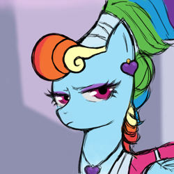 Size: 1080x1080 | Tagged: safe, artist:菜c, imported from derpibooru, rainbow dash, pegasus, pony, alternate hairstyle, annoyed, ear piercing, earring, eyeshadow, jewelry, makeup, megaradash, necklace, piercing, rainbow dash always dresses in style, solo