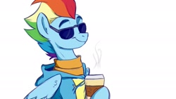 Size: 2048x1152 | Tagged: safe, artist:rutkotka, imported from derpibooru, rainbow dash, pegasus, pony, clothes, coffee, cup, eyebrows, female, glasses, hoodie, mare, simple background, smiling, solo, sunglasses, sweater, white background