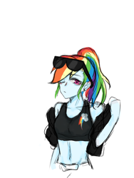 Size: 1080x1440 | Tagged: safe, artist:菜c, imported from derpibooru, equestria girls, ;/, abs, clothes, cutie mark, cutie mark on clothes, ear piercing, earring, jacket, jewelry, one eye closed, piercing, simple background, solo, sports bra, sunglasses, white background