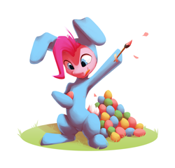 Size: 2048x1960 | Tagged: safe, artist:senaelik, imported from derpibooru, pinkie pie, earth pony, pony, animal costume, bunny costume, clothes, costume, easter, easter egg, holiday, paintbrush, sitting, smiling, solo, tongue out
