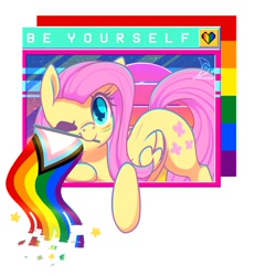 Size: 1111x1200 | Tagged: safe, artist:musicfirewind, artist:wavecipher, imported from derpibooru, fluttershy, pegasus, pony, flag, heart, heart eyes, mouth hold, one eye closed, pride flag, wingding eyes