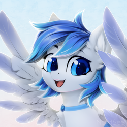 Size: 2000x2000 | Tagged: safe, artist:inowiseei, imported from derpibooru, oc, oc only, oc:canicula, pegasus, pony, bust, commission, cute, happy, high res, jewelry, looking at you, necklace, portrait, smiling, smiling at you, solo, spread wings, wings