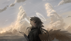 Size: 2560x1500 | Tagged: safe, artist:ssnerdy, imported from derpibooru, oc, oc only, anthro, pegasus, blood, cigarette, cloudscape, cut, eyes closed, female, halo, smoking, solo, spread wings, wings