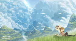 Size: 2560x1400 | Tagged: safe, artist:ssnerdy, imported from derpibooru, oc, oc only, anthro, plantigrade anthro, unicorn, clothes, duo, glasses, grass, headphones, mountain, pants, scarf, scenery, shirt, waterfall