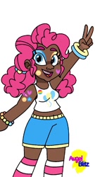 Size: 690x1280 | Tagged: safe, artist:angelblitzowo, imported from derpibooru, pinkie pie, human, alternate hairstyle, bandaid, belly button, bracelet, braces, clothes, dark skin, eyeshadow, face paint, female, humanized, jewelry, lipstick, makeup, midriff, pansexual, pansexual pride flag, peace sign, pride, pride flag, shorts, simple background, solo, sticker, tanktop, white background, wristband