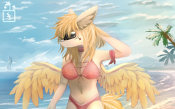 Size: 2560x1600 | Tagged: safe, artist:ssnerdy, imported from derpibooru, oc, oc only, anthro, pegasus, beach, bikini, clothes, ear fluff, female, palm tree, solo, spread wings, sunglasses, swimsuit, tree, wings