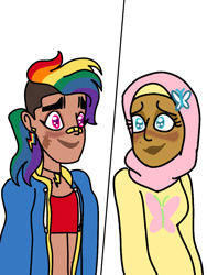 Size: 720x960 | Tagged: safe, artist:angelblitzowo, imported from derpibooru, fluttershy, rainbow dash, human, alternate hairstyle, bandaid, bandaid on nose, blushing, clothes, dark skin, ear piercing, earring, female, flutterdash, hijab, humanized, islam, islamashy, jacket, jewelry, latina, lesbian, necklace, piercing, religion, shipping, simple background, sports bra, sweater, sweatershy, white background