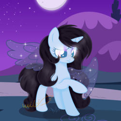 Size: 1080x1080 | Tagged: safe, artist:emeriss96, imported from derpibooru, oc, oc only, oc:mimi rusebiry, alicorn, pony, female, grass, hill, night, shiny eyes, solo, wings