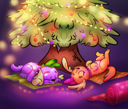 Size: 3000x2560 | Tagged: safe, artist:underdog234, imported from derpibooru, smolder, spike, spike the regular dog, dog, equestria girls, belly, christmas, christmas tree, cute, cute little fangs, dogified, duo, eyes closed, fangs, female, high res, holiday, holiday picture, lights, lying, lying down, male, nap, on back, puppy, puppy smolder, sleeping, smolder the dog, smolderbetes, species swap, spikabetes, spike the dog, sweet dreams fuel, tree, wrapping paper