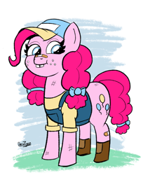 Size: 2508x3072 | Tagged: safe, artist:datzigga, imported from derpibooru, pinkie pie, earth pony, pony, alternate hairstyle, bandaid, bandaid on nose, bandaids, boots, bow, bucktooth, clothes, cute, diapinkes, female, freckles, hat, high res, mare, overalls, shoes, smiling, solo