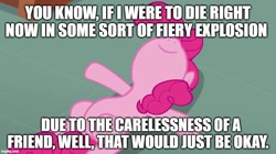 Size: 888x499 | Tagged: safe, artist:megalobronia, edit, edited screencap, imported from derpibooru, screencap, pinkie pie, pony, season 3, too many pinkie pies, belly, caption, dying for pie, image macro, imgflip, lying down, meme, nose in the air, smiling, solo, spongebob squarepants, tearjerker, text