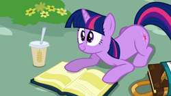 Size: 1280x720 | Tagged: safe, imported from derpibooru, screencap, twilight sparkle, pony, unicorn, mmmystery on the friendship express, season 2, best pony, book, cup, cute, female, lying down, mare, solo, straw, twiabetes, unicorn twilight