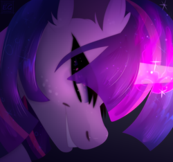 Size: 2304x2160 | Tagged: safe, artist:elektra-gertly, imported from derpibooru, twilight sparkle, pony, unicorn, black background, bust, female, glowing horn, high res, horn, mare, simple background, smiling, smirk, solo