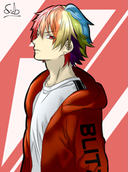 Size: 745x1000 | Tagged: safe, artist:soarinbolt11, imported from derpibooru, rainbow dash, human, anime style, humanized, male, rainbow blitz, rule 63, simple background, solo
