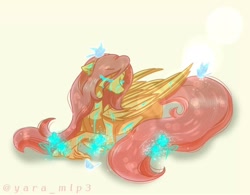 Size: 1080x842 | Tagged: safe, artist:yara_mlp3, imported from derpibooru, fluttershy, bird, pegasus, pony, crying, flower, simple background, sitting, solo