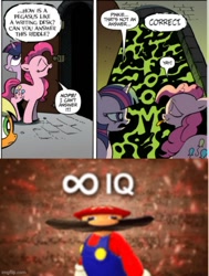 Size: 500x661 | Tagged: safe, edit, idw, imported from derpibooru, applejack, pinkie pie, twilight sparkle, earth pony, pony, unicorn, the return of queen chrysalis, angry, door, eyes closed, female, infinite iq, mare, mario, meme, riddle, smg4, super mario bros., tongue out