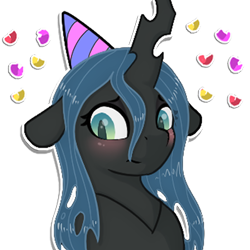 Size: 512x512 | Tagged: safe, artist:llametsul, imported from derpibooru, queen chrysalis, changeling, changeling queen, blushing, confetti, cute, cutealis, female, hat, looking away, mare, party hat, shy, simple background, solo, transparent background