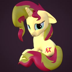 Size: 4000x4000 | Tagged: safe, artist:wissle, imported from derpibooru, sunset shimmer, pony, unicorn, 3d, absurd resolution, atg 2021, blender, female, looking at you, looking back, looking back at you, mare, newbie artist training grounds, sad, simple background, sitting, solo, sunsad shimmer
