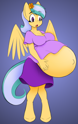 Size: 1050x1650 | Tagged: safe, artist:bree-doodles, artist:pacificside18, imported from derpibooru, oc, oc only, oc:pacific breeze, anthro, pegasus, unguligrade anthro, anthro oc, belly, belly button, big belly, breasts, clothes, flower, flower in hair, huge belly, pegasus oc, pregnant, shirt, simple background, skirt, solo, wings