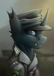 Size: 1200x1700 | Tagged: safe, artist:richmay, imported from derpibooru, oc, oc only, changeling, equestria at war mod, bust, cap, changeling oc, clothes, cold war, german, hat, military, military uniform, portrait, solo, uniform