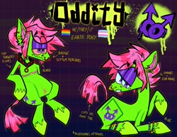 Size: 2048x1583 | Tagged: artist needed, safe, imported from derpibooru, imported from twibooru, oc, oc only, oc:oddity, accessory, acne, beard, bracelet, ear piercing, earring, eyeshadow, facial hair, full body, gauges, gay pride flag, green fur, image, implied chestbreasts, jewelry, looking at you, makeup, needs more jpeg, needs more saturation, neon, nose piercing, nose ring, not where nipples go, piercing, pink mane, pride, pride flag, raised hoof, reference sheet, scar, septum piercing, sitting, social justice warrior, spray paint, text, transgender pride flag, two toned mane