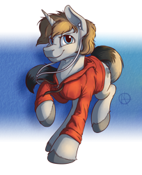 Size: 1750x2143 | Tagged: safe, artist:klarapl, imported from derpibooru, oc, oc only, pony, unicorn, clothes, commission, earbuds, hoodie, looking at you, male, raised hoof, smiling, smiling at you, solo, stallion