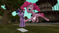 Size: 1920x1080 | Tagged: safe, artist:scout_guy, imported from derpibooru, pinkie pie, twilight sparkle, alicorn, earth pony, pony, 3d, atg 2021, happy, jumping, newbie artist training grounds, open mouth, open smile, smiling, source filmmaker, twilight sparkle (alicorn)