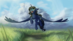 Size: 1024x576 | Tagged: safe, artist:klarapl, imported from derpibooru, oc, oc only, alicorn, pony, alicorn oc, commission, female, flying, grass, horn, large wings, mare, open mouth, scenery, smiling, solo, spread wings, wings