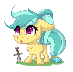 Size: 975x964 | Tagged: safe, artist:klarapl, imported from derpibooru, oc, oc only, oc:karoline skies, earth pony, pony, cheek fluff, chest fluff, chibi, eye clipping through hair, eyebrows, eyebrows visible through hair, female, floppy ears, simple background, solo, sword, tongue out, transparent background, weapon