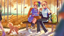Size: 1776x984 | Tagged: safe, artist:卯卯七, imported from derpibooru, applejack, rainbow dash, dog, human, poodle, afternoon, anime, appledash, autumn, backpack, basketball, bench, bichon frise, braid, breasts, busty applejack, clothes, falling leaves, female, freckles, headband, humanized, juice, juice box, leaves, lesbian, outdoors, pants, pigtails, polo shirt, ponytail, rainbow socks, scenery, scenery porn, shading, shadows, shipping, shoes, sitting, sneakers, socks, sports, striped socks, sweatpants, sweet dreams fuel, twin braids
